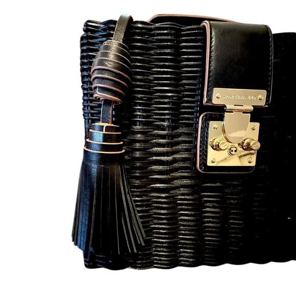 Spartina 449 Black Rattan Box Bag Leather Trim Gold Hardware Top Handle - Picture 12 of 16